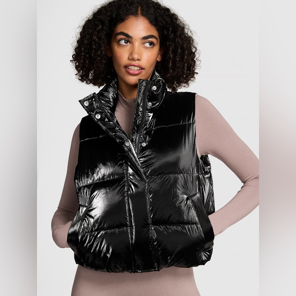Victoria’s Secret PINK High Shine Marshmallow Puffer Vest Black Glossy